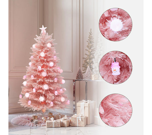 LuxenHome 5ft Fiber Optic Pink Xmas Tree w/ Snowman & Star Top