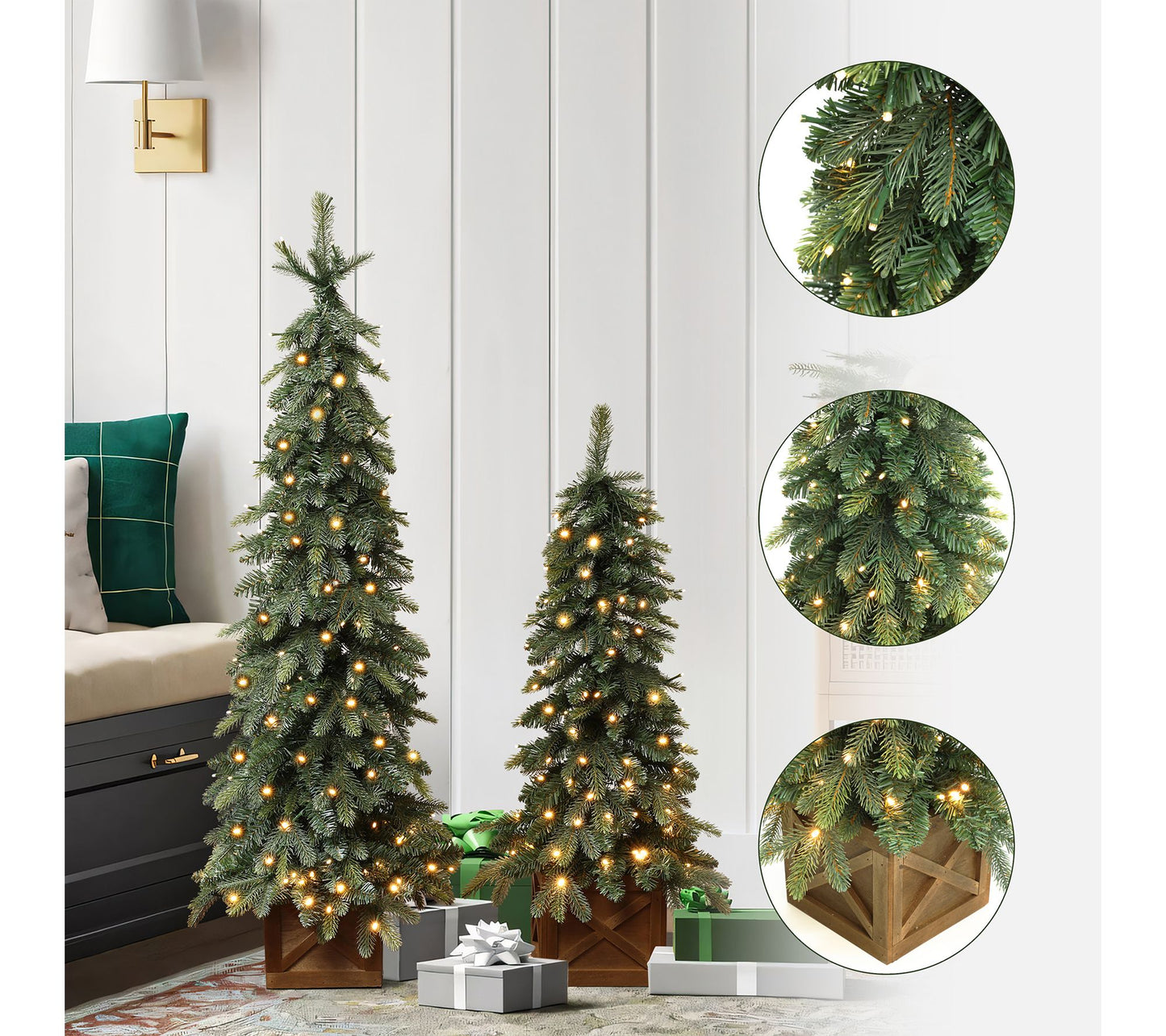 LuxenHome Lighted Downswept Branches Potted Christmas Tree Set