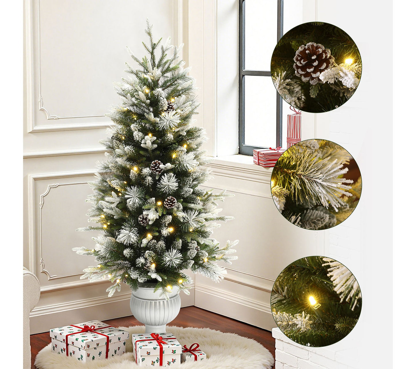 LuxenHome 4.5Ft Pre-Lit Light Flocking Artificial Xmas Tree
