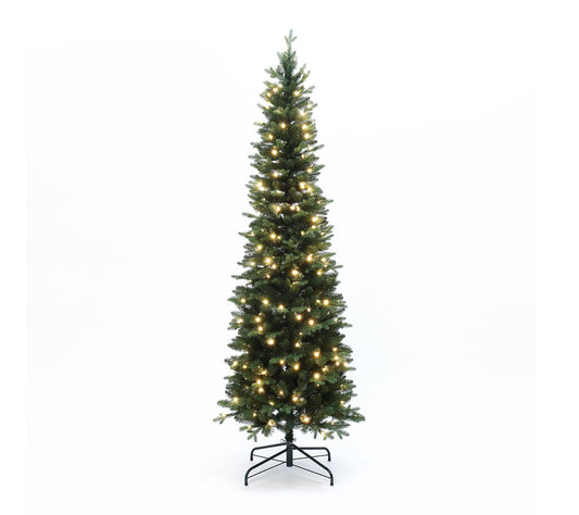 LuxenHome 7Ft Pre-Lit Green Artificial Slim Xmas Tree w/ Stan