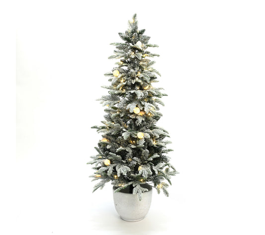 LuxenHome 5Ft Lighted Flocked Artificial Tree Potted