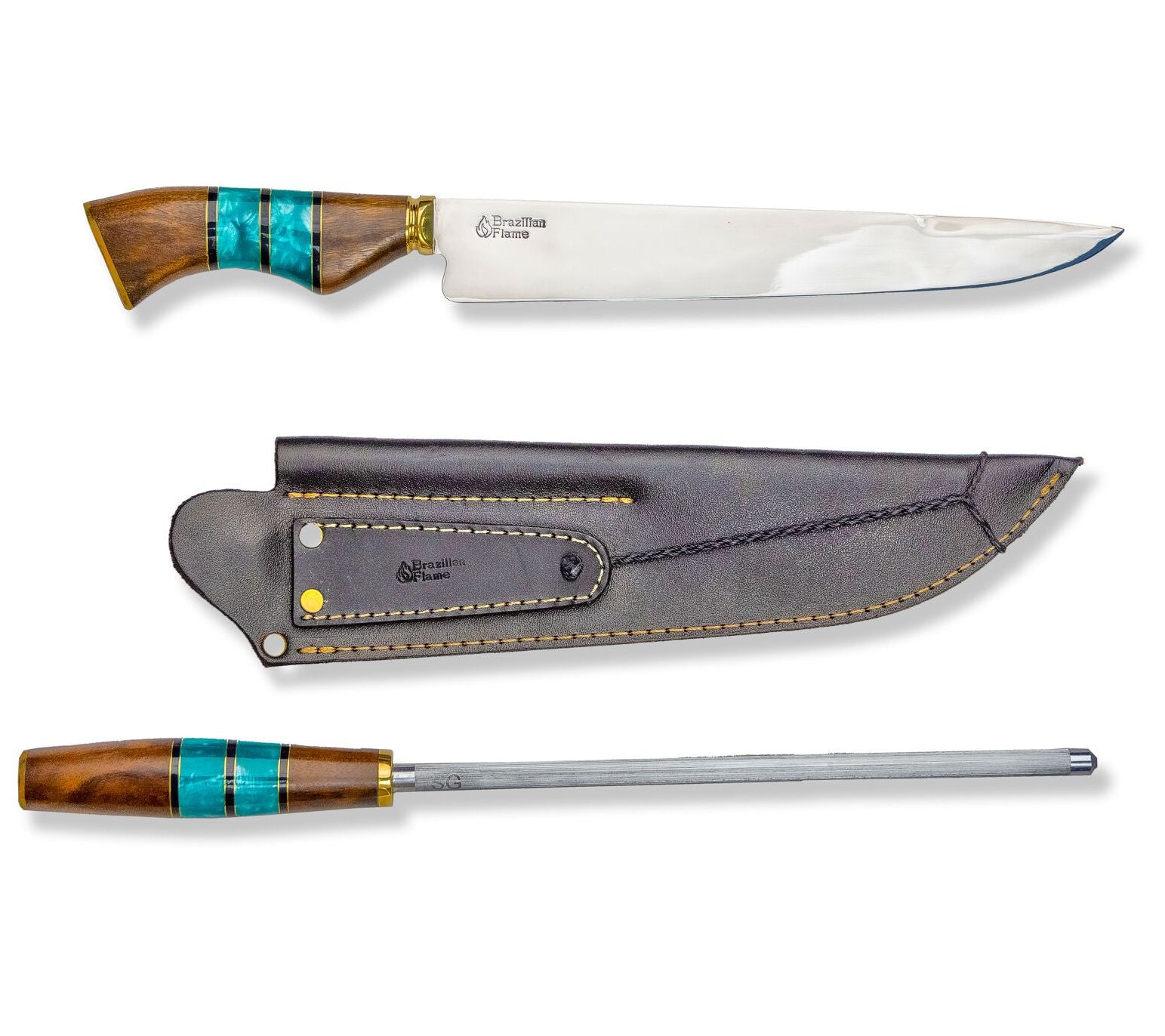 Brazilian Flame Ribs 10-inch Stainless Knife w/ Sharpener