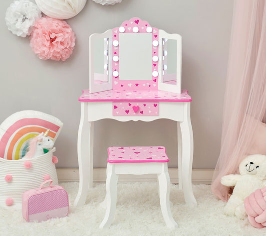 Teamson Kids Play Vanity with LED Tri-Fold Mirror & Stool