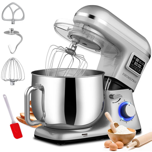 UHOMEPRO 8.5QT Stand Mixer for Home Commercial, 6+0+P-Speed Tilt-Head 660W Kitchen Dough Mixer, LED Display Electric Cake Mixer With Dough Hook, Beater, Egg Whisk, Spatula, Dishwasher Safe, Silver